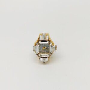 Vintage (crystal face) iced out gold tone ring watch by migi (Unsigned) works